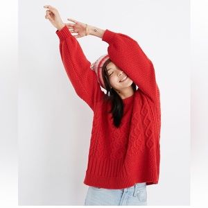 Madewell Copenhagen cable knit sweater, crewneck, balloon sleeves, red, size XXS